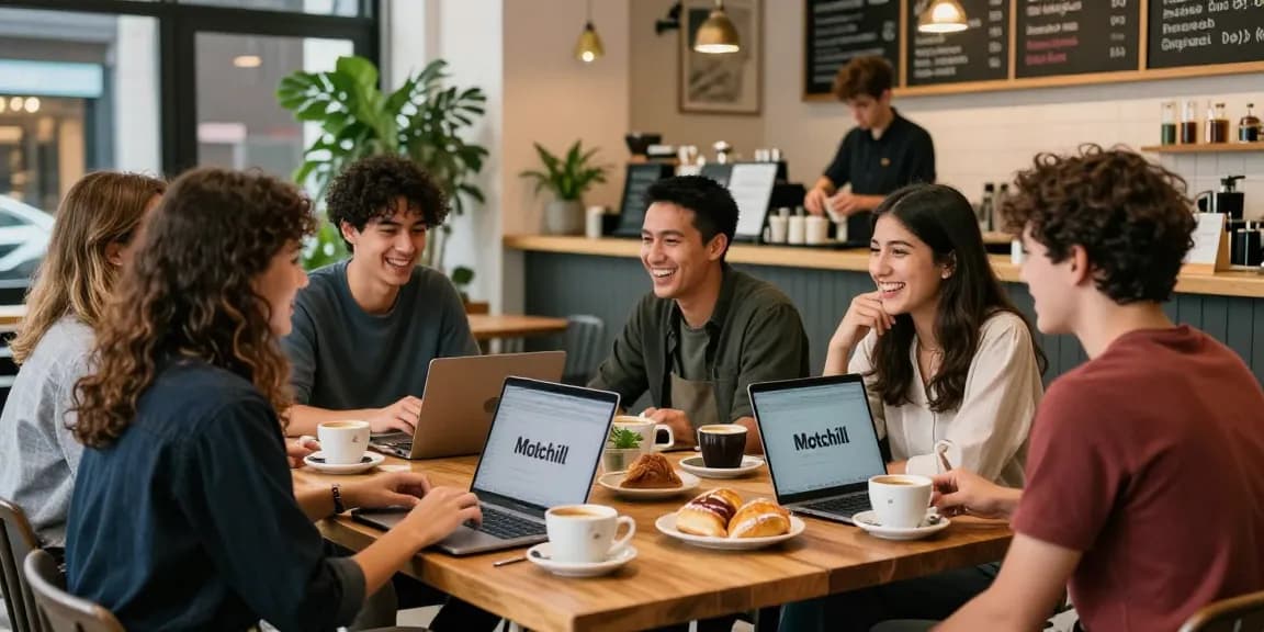 Friends enjoying coffee and pastries at a cozy café with Motchill branding in a vibrant urban setting.