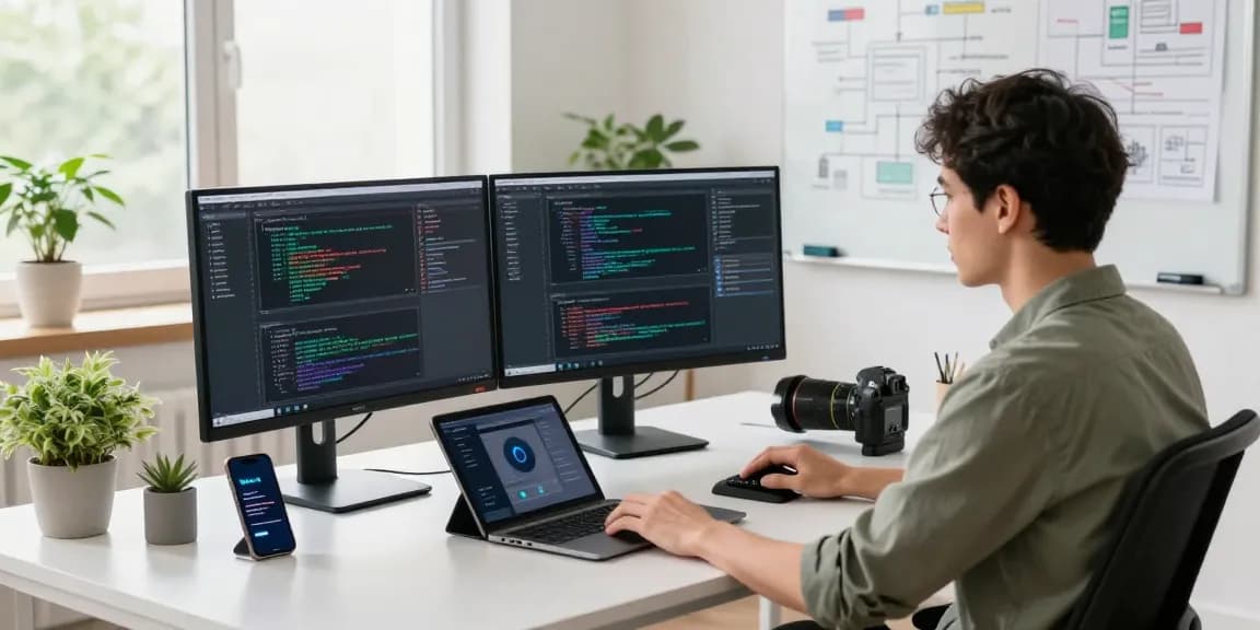 Developer immersed in coding Web3 applications at a modern tech workspace, displaying innovative blockchain solutions.