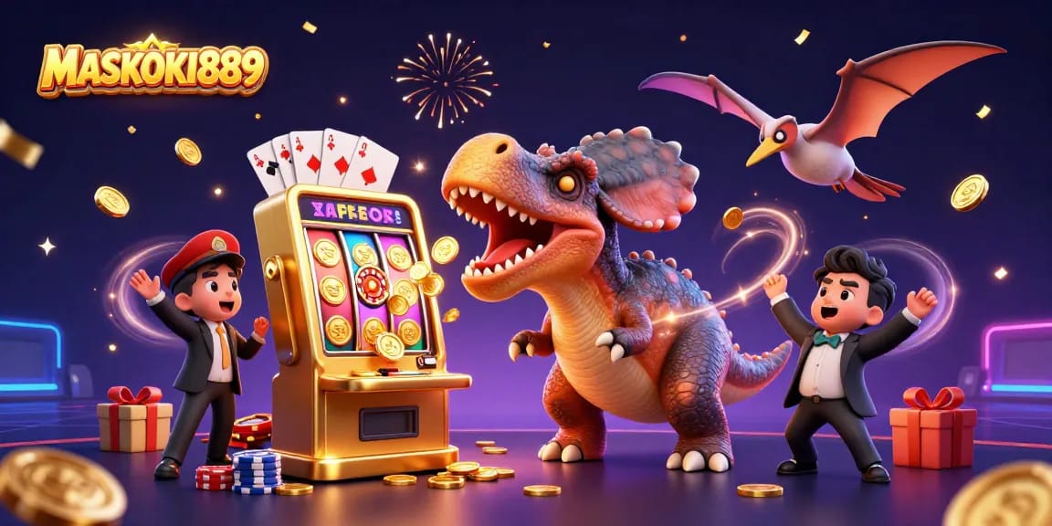 Celebrate with MASKOKI889 as the pachycephalosaurus wins jackpot coins from a golden slot machine in a vibrant casino scene.