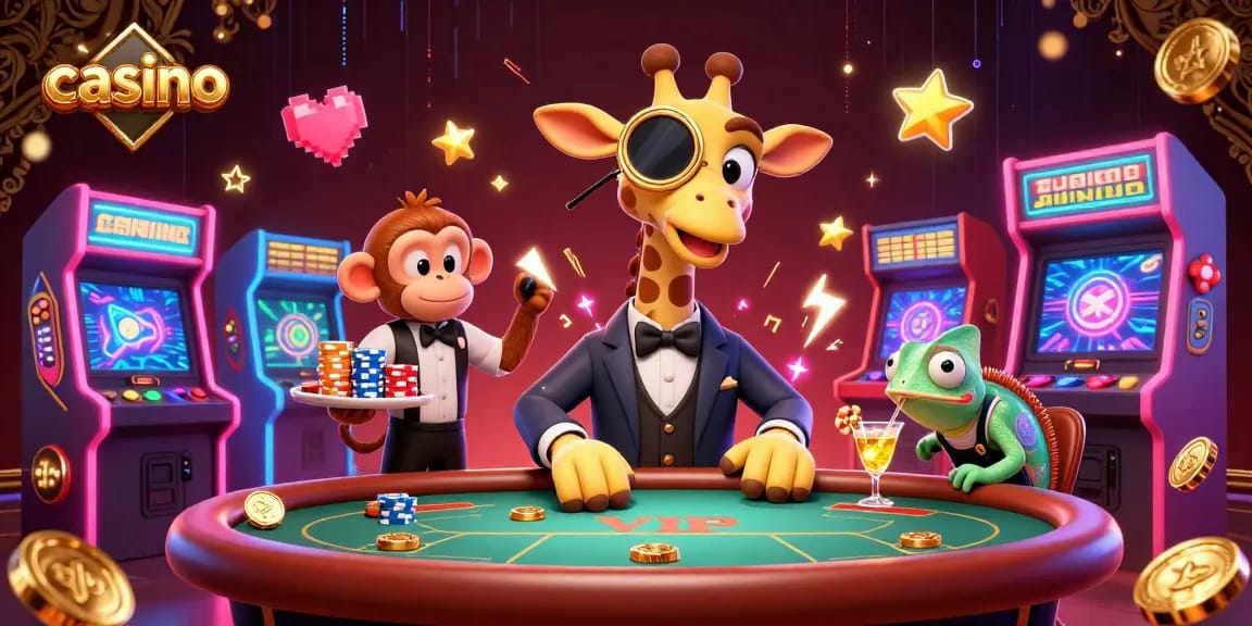 Join the action at a vibrant casino scene with unique characters and game elements.