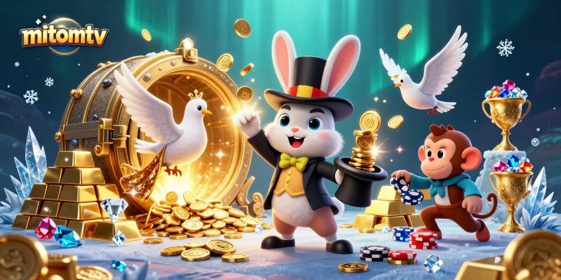 Watch the magician rabbit at mitomtv conjure coins from his hat amidst a treasure trove of jewels.