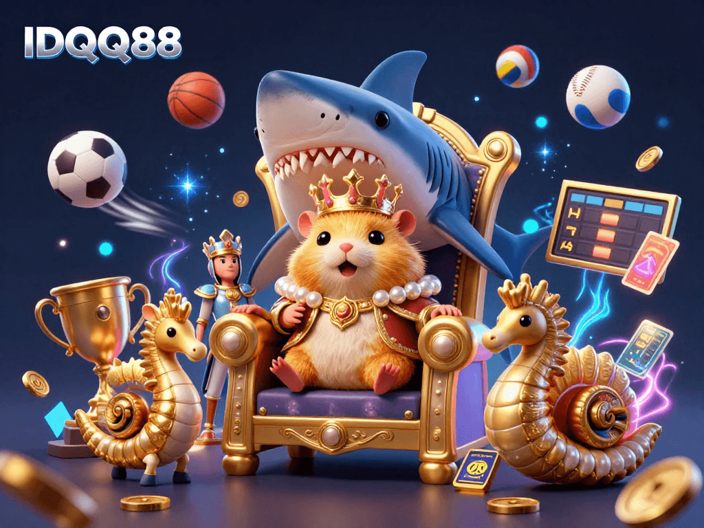 IDQQ88 delivers a thrilling view of a hamster king surrounded by sports elements in vibrant casino action.
