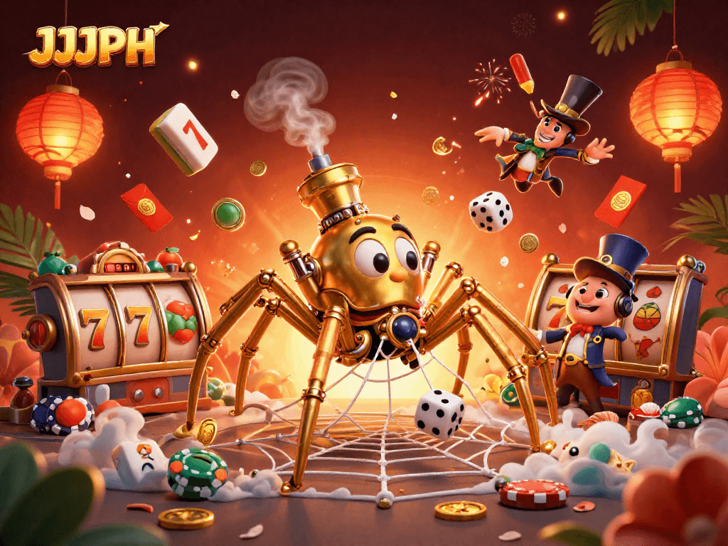 Engage with JJJPH's steampunk charm as the golden spider weaves its dazzling jackpot web.