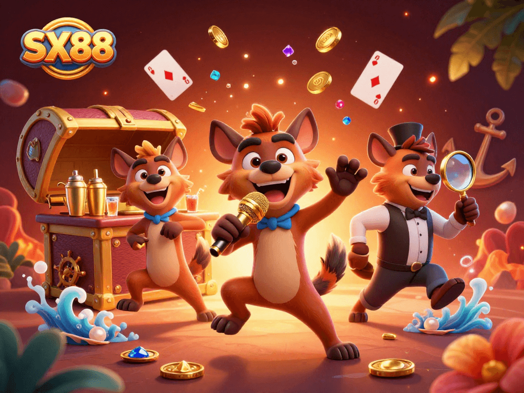 SX88 showcases a vibrant casino scene with hyena characters engaged in comedic acts, mixing drinks, and checking IDs, surrounded by floating playing cards.