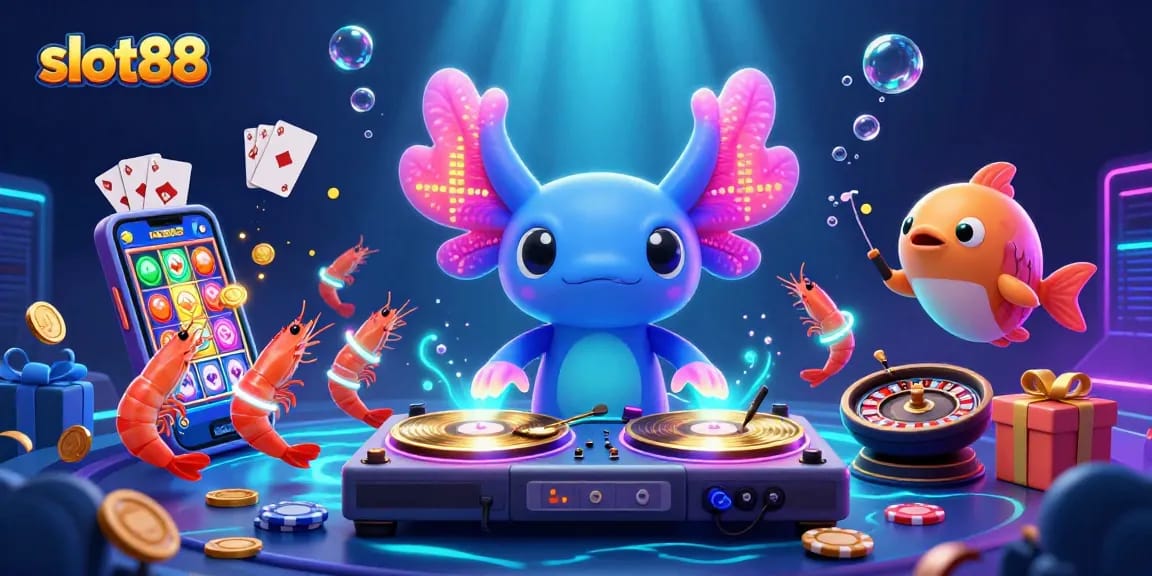 Experience thrilling slots with slot88 featuring a vibrant DJ axolotl, lively shrimp dancers, and dynamic game elements.