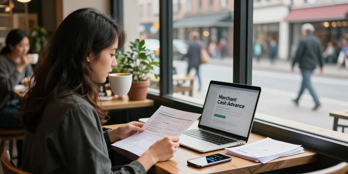 Small business owner reviewing documents for an instant merchant cash advance in a city cafe.