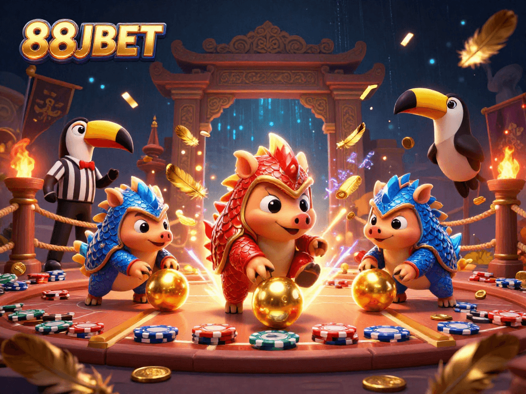 Engage with the vibrant 88JBET scene featuring rival pangolins and action-packed casino elements.