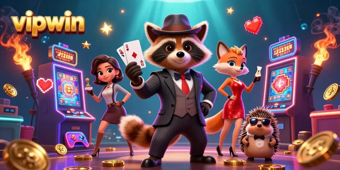 Experience exciting gameplay with vipwin's vibrant 3D casino scene featuring charming characters and colorful slot machines.