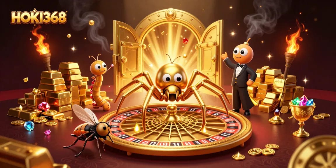 HOKI368 brings exciting gameplay with a golden spider and a roulette wheel in a rich casino scene.