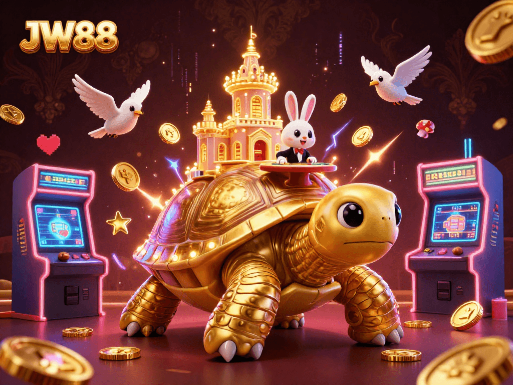 Experience the JW88 casino adventure with charming tortoise and rabbit dealer amidst golden treasures.