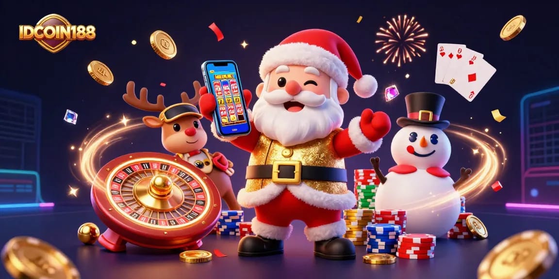 IDCOIN188 delivers festive casino fun with a 3D illustrated scene of Santa, reindeer, and snowman.