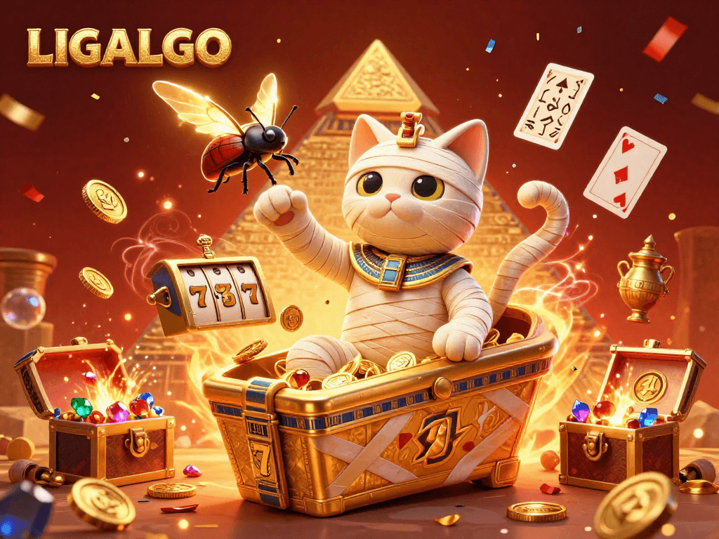LIGALGO offers an exciting casino experience with vibrant characters and gold-themed elements.