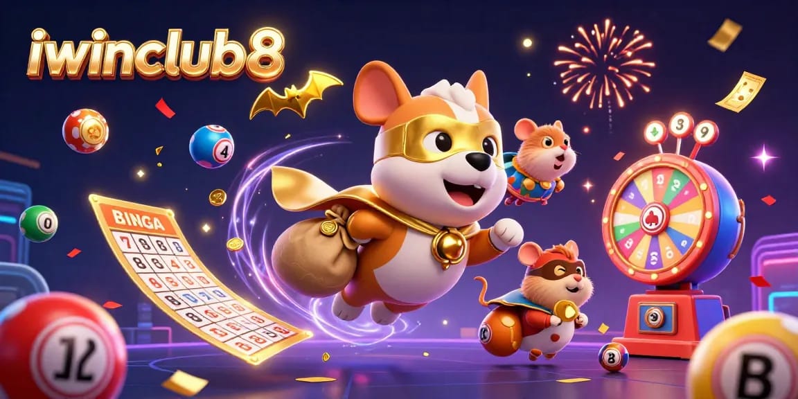 Join the fun with iwinclub8's vibrant 3D illustration of a superhero dog and hamster amidst dynamic gaming elements.