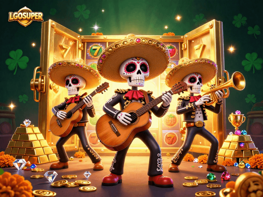 Experience slots excitement with LGOSUPER featuring Day of the Dead mariachi band amidst gold treasures.