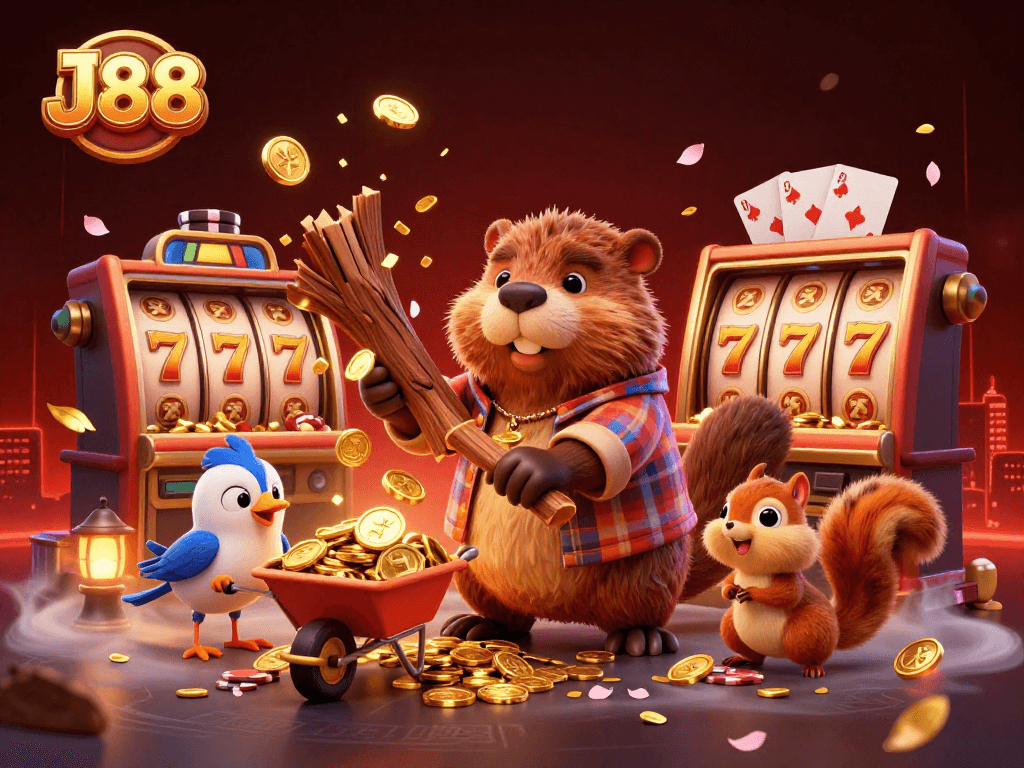 Experience thrilling wins with J88 slot games illustrated by a dynamic 3D scene of animal characters.