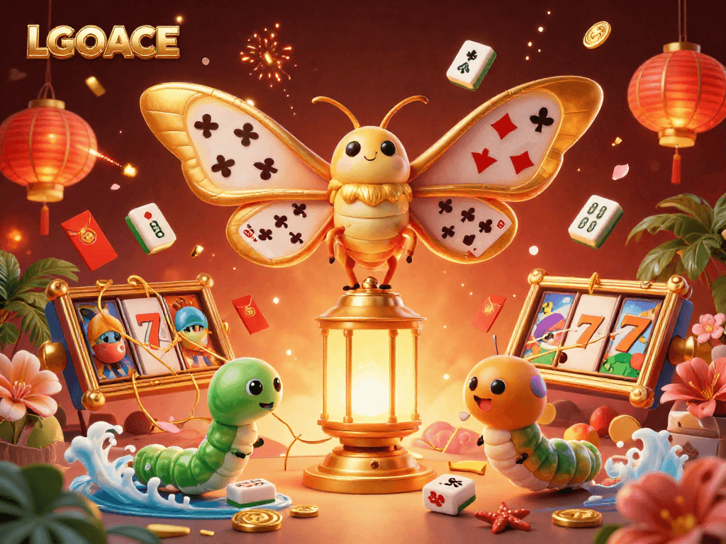 Experience LGOACE with vibrant casino scenes filled with golden moths and exciting elements.