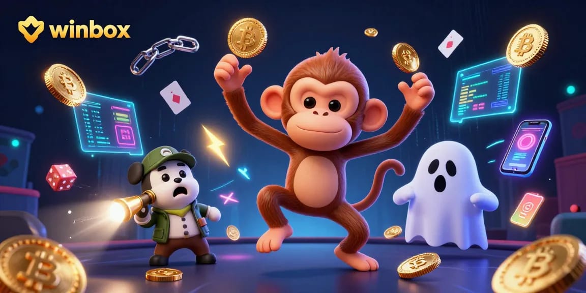 Winbox showcases a lively 3D scene with a playful poltergeist monkey and a curious puppy amidst golden coins and blockchain elements.