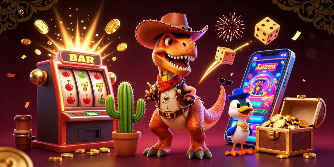 KICAU678 showcases an animated scene of a cowboy dinosaur and friends in a vibrant casino atmosphere.