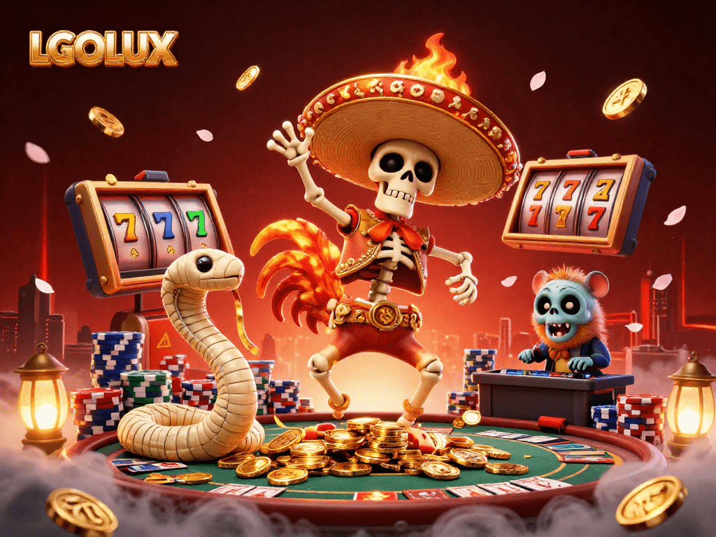 Experience thrilling slot action with LGOLUX as a mariachi rooster dances on golden coins amidst vibrant casino elements.