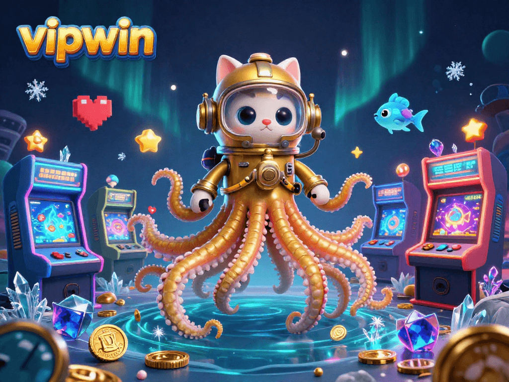Join the adventure with vipwin as a kraken and diving cat explore a treasure-filled ocean in this electrifying illustration.