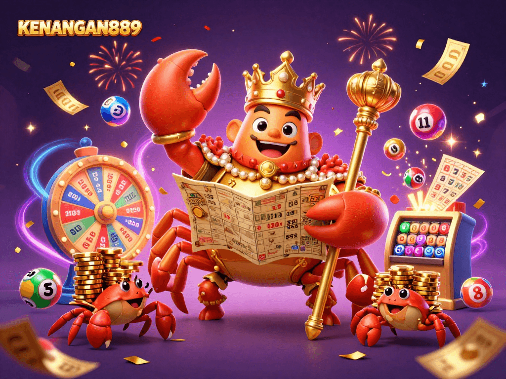 Experience KENANGAN889 with a vibrant 3D scene of a golden crab emperor surrounded by dynamic casino elements.