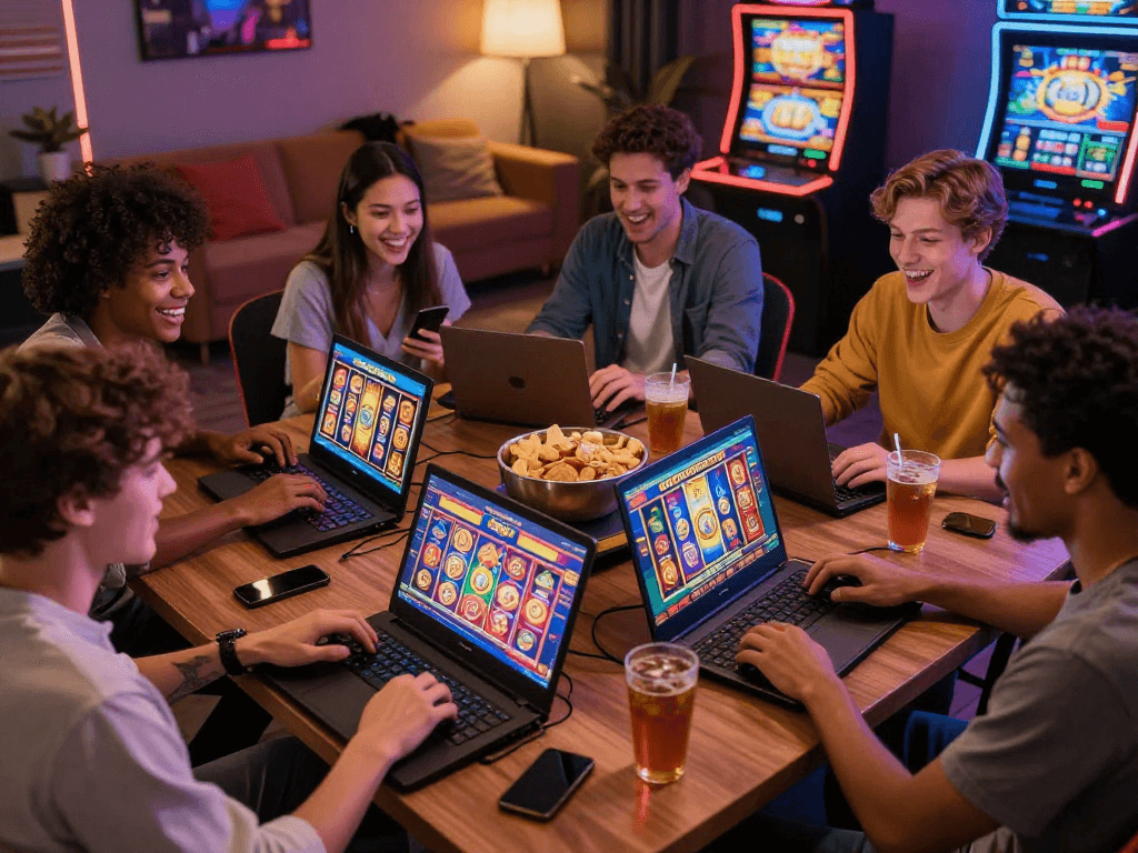 Engaged friends enjoying slot gacor games on GACORBOS88 with vibrant visuals and snacks.