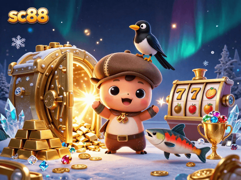Spin to win at sc88 featuring cute Nessie and a treasure-filled casino atmosphere.