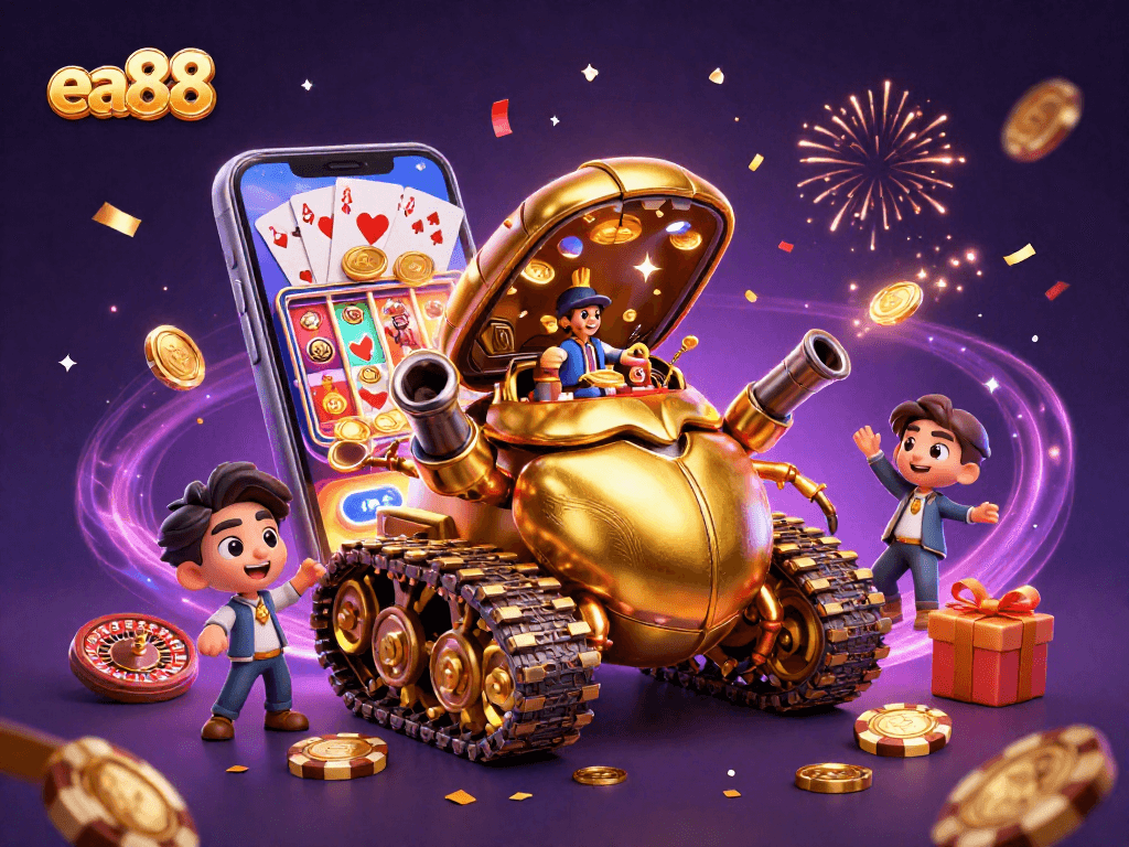 Engage in thrilling gaming at ea88 with a vibrant scene displaying a golden beetle tank casino filled with fun elements.