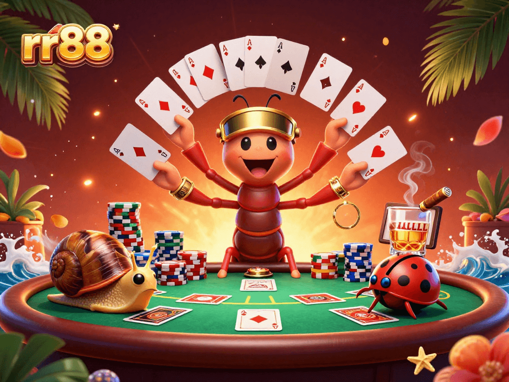 Engage with rr88 in this lively 3D casino scene featuring a millipede dealer and high-roller snail.
