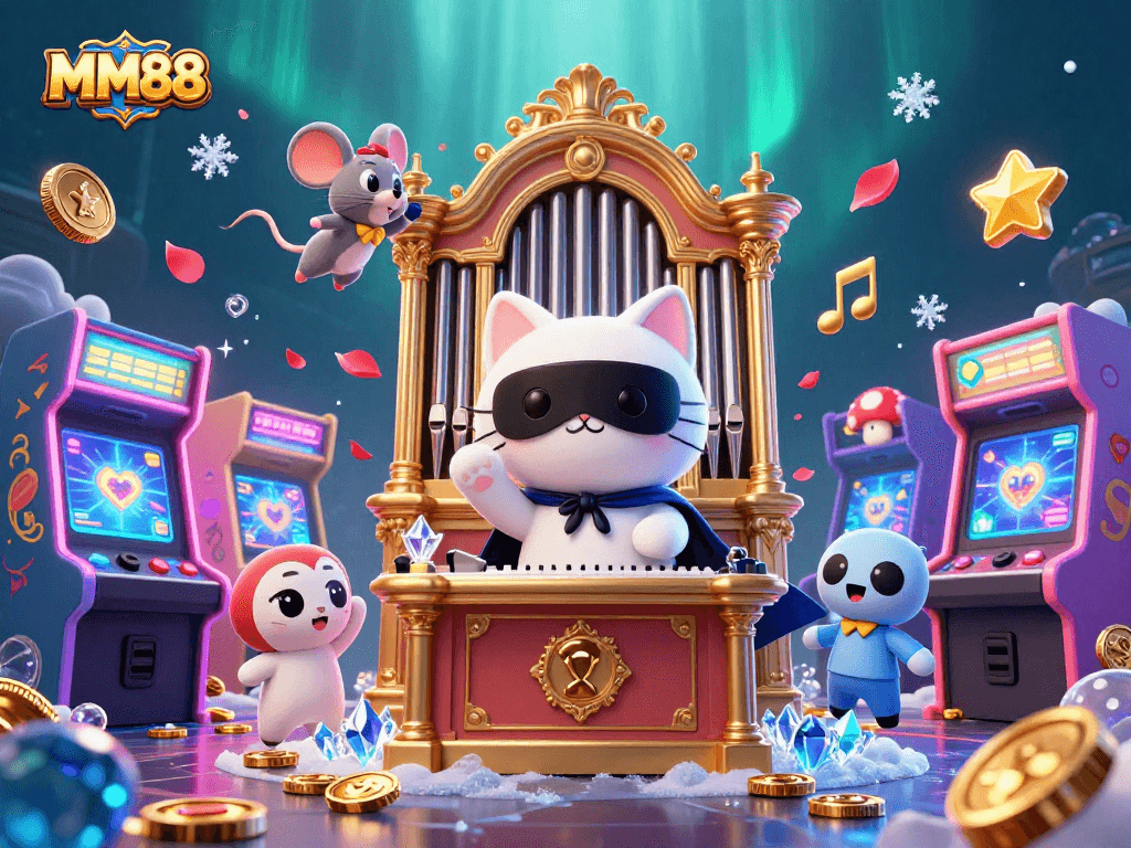 Experience MM88's vibrant casino environment with a whimsical 3D phantom cat and lively game elements.