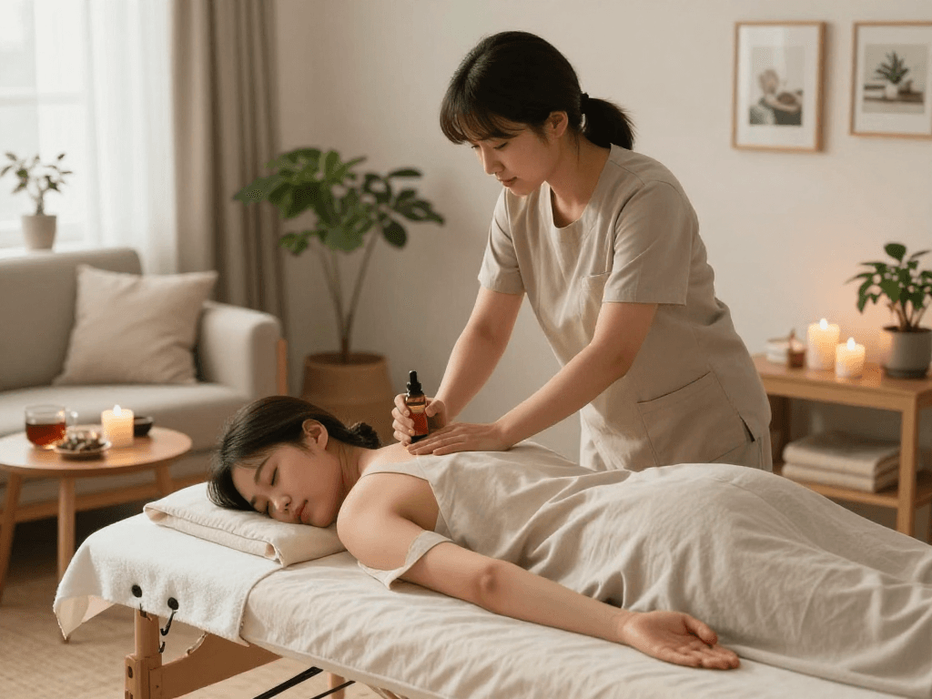 Enjoying a soothing 안양출장마사지 at home with a professional therapist.