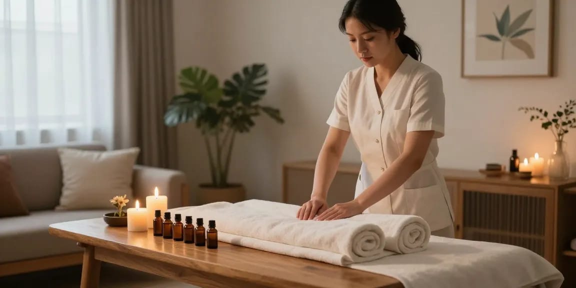 출장마사지 session setup with calming ambiance, essential oils, and soft lighting.