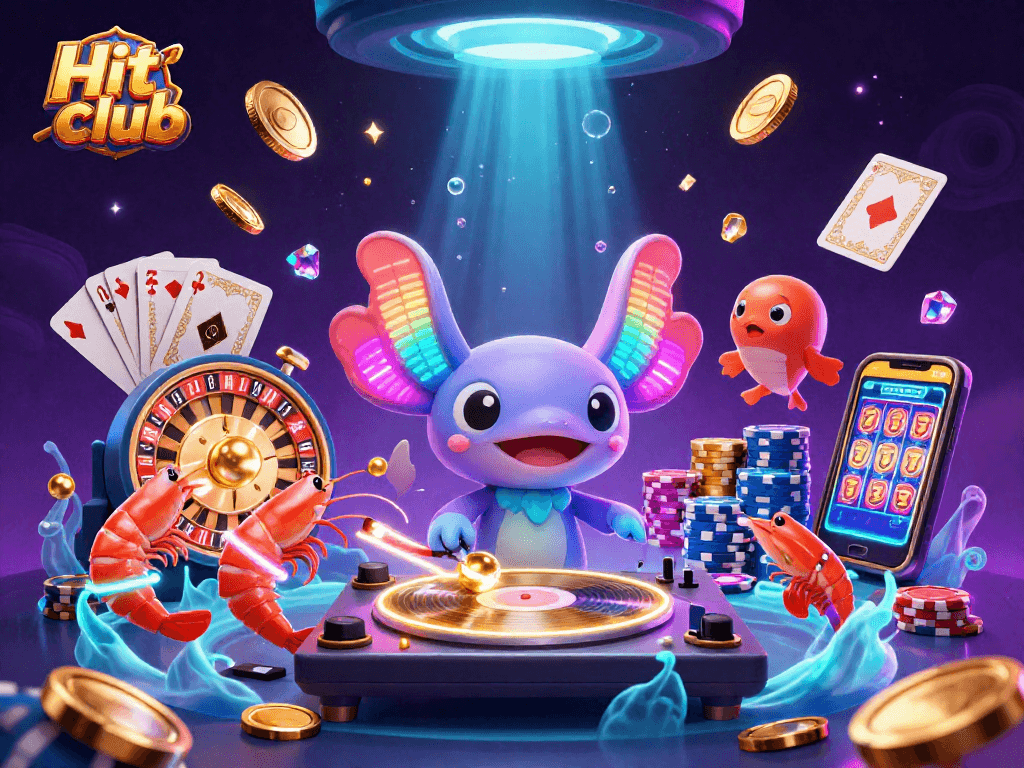 Experience the excitement of Hit club with vibrant casino elements and playful aquatic characters.
