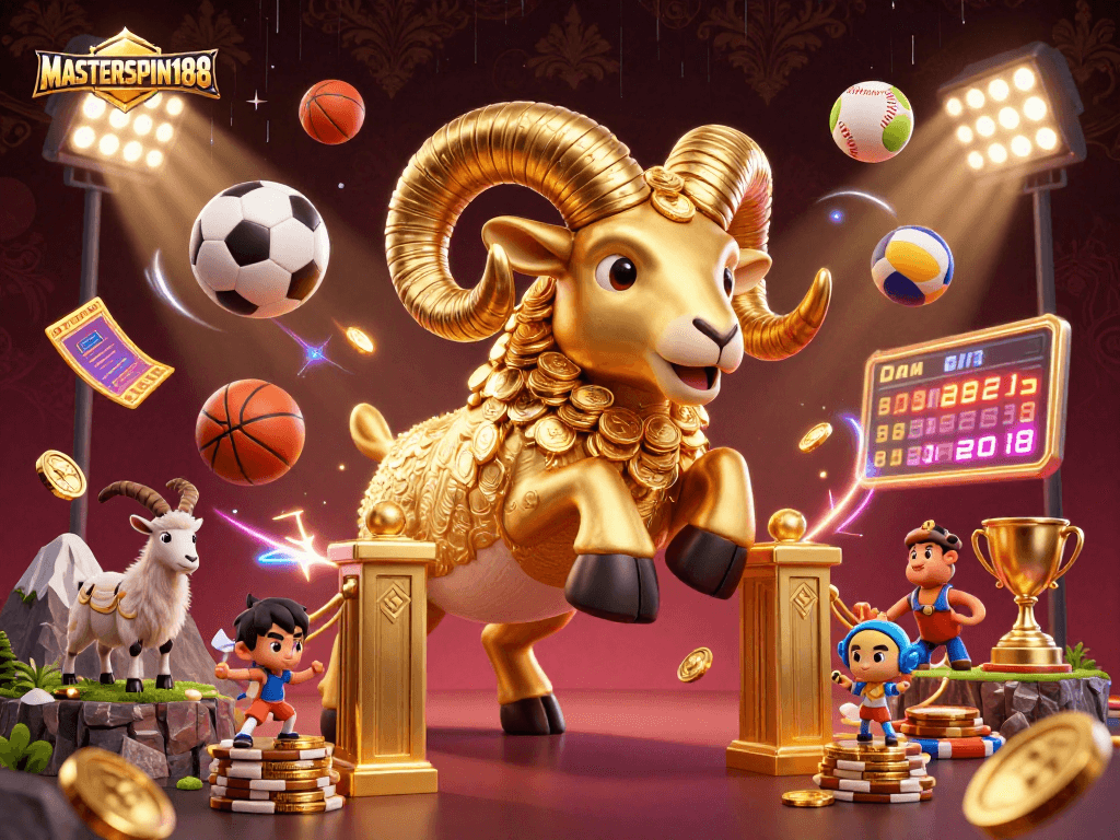 Bet on wins with MASTERSPIN188 at a vibrant 3D casino scene filled with dynamic sports elements.