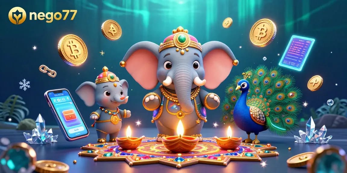 Engage with nego77’s vibrant casino world featuring an elephant and peacock amidst crypto-rich gaming elements.