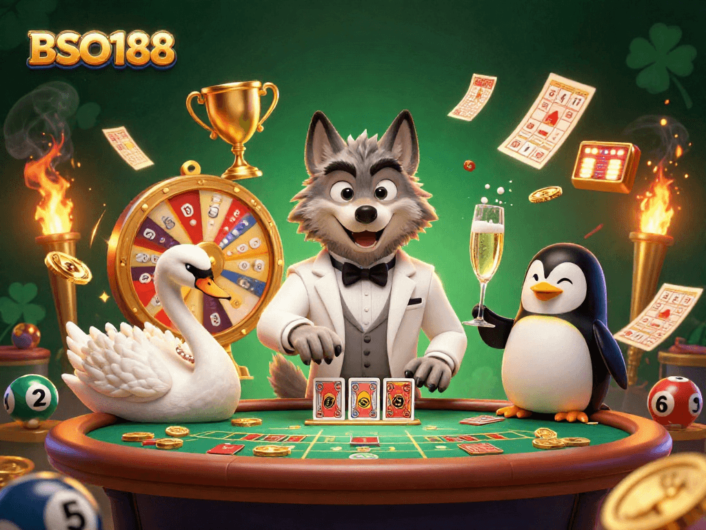 Engaging illustration depicting BSO188 with a debonair wolf, elegant swan, and penguin at a vibrant lottery scene.
