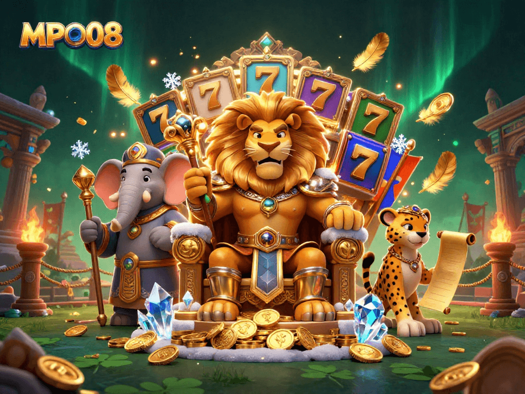 MPO08 offers thrilling slot gameplay with a royal lion king, wise elephant advisor, and quick cheetah in a vibrant casino atmosphere.