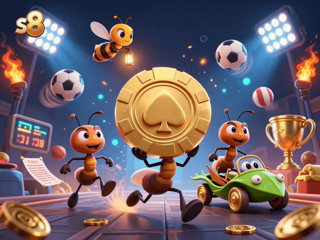 Experience the excitement of s8 with playful ants heist in a dynamic casino-themed illustration.