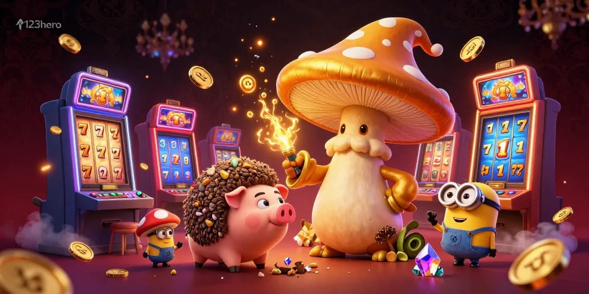 Engage with 123hero's dynamic casino realm, showcasing a magical wizard and treasure-hunting pig amidst vibrant slot machines.