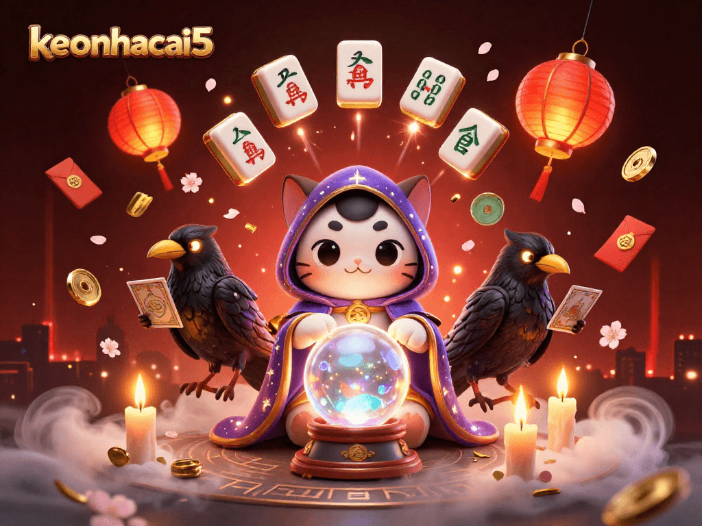 Experience the magical world of keonhacai5 with a mystic cat, glowing raven, and vibrant casino elements.