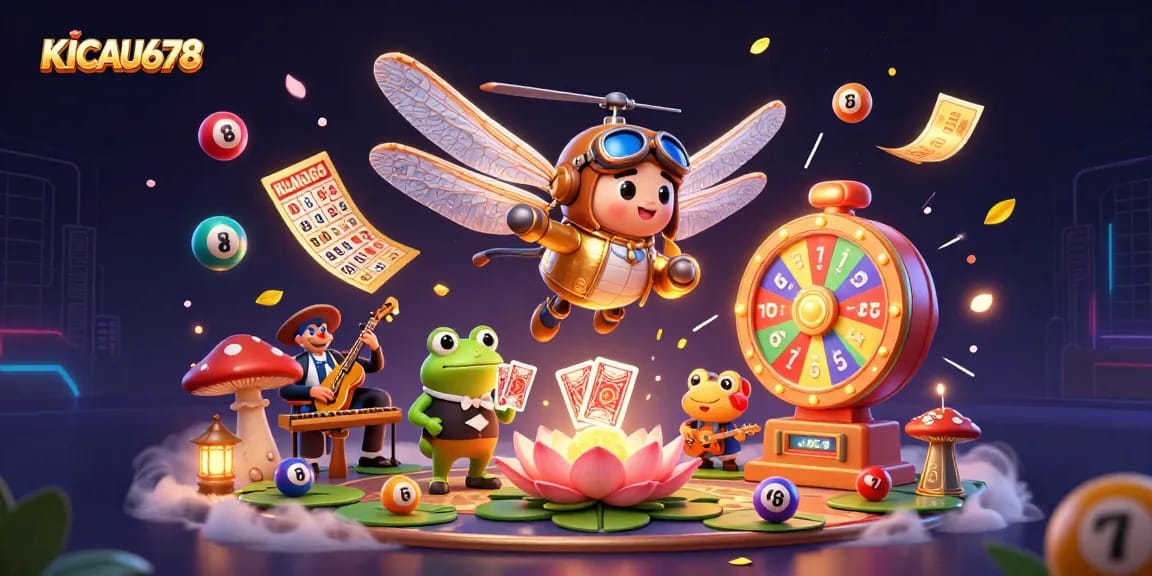KICAU678 brings vibrant online gaming to life with a lively casino scene featuring dynamic characters and elements.