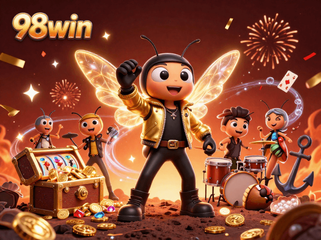 Experience the thrill of 98win with vibrant casino elements and characters in a dynamic 3D illustration.