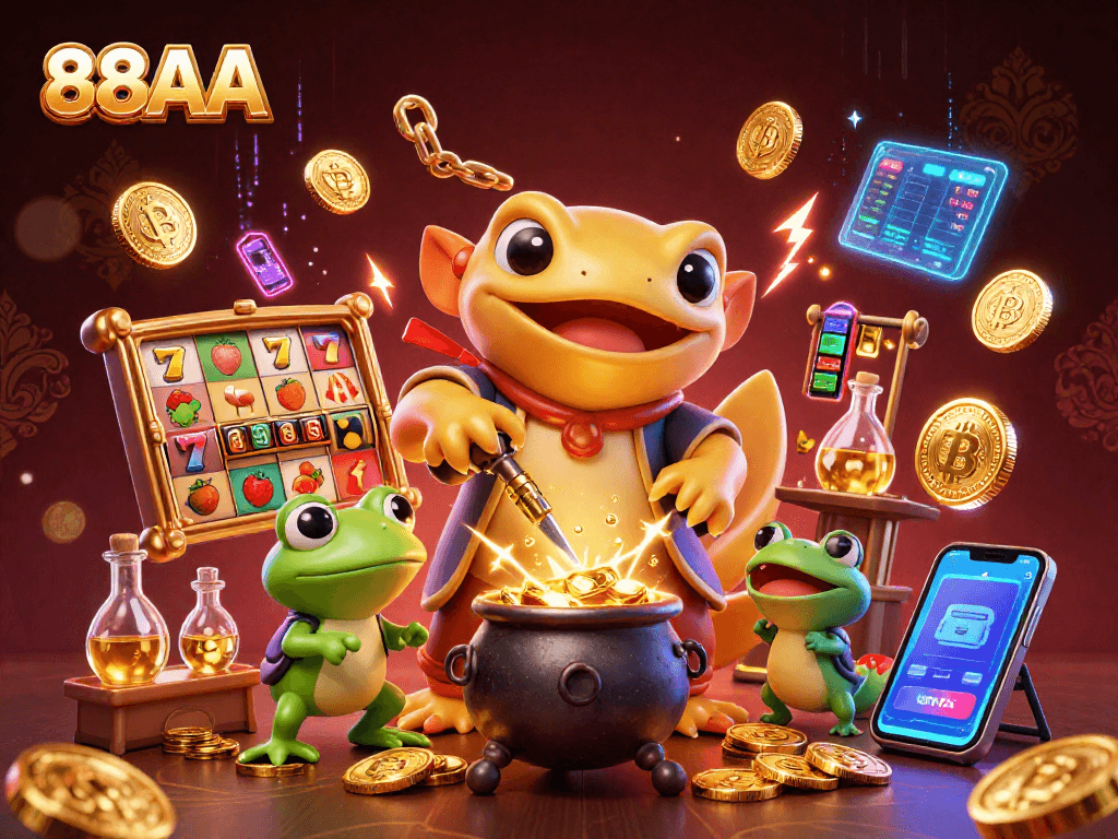 Experience the excitement of 88AA with dynamic slot reels and vibrant crypto coins.