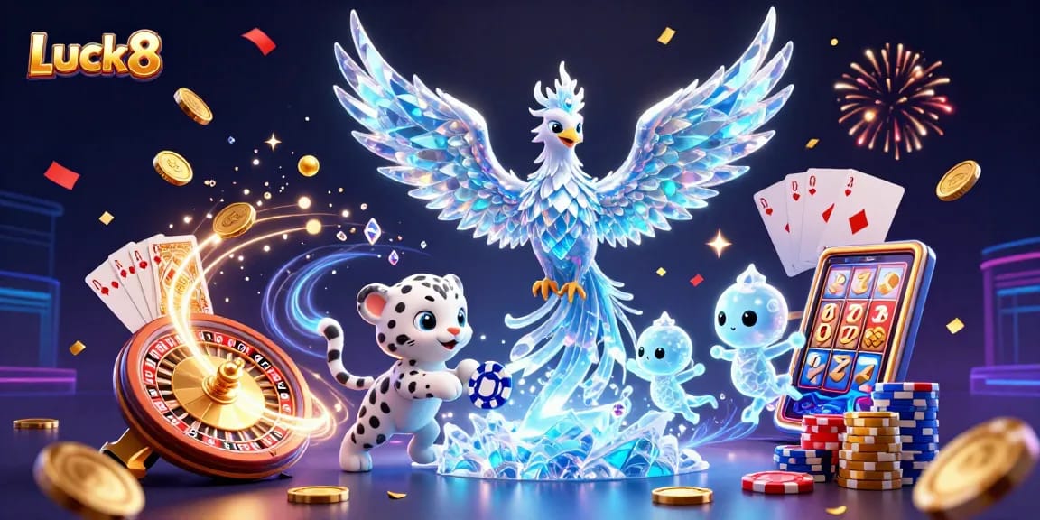 Luck8 features vibrant characters and casino elements celebrating winning moments in a dynamic scene.