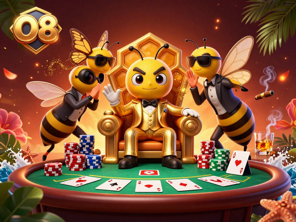 Witness O8's vibrant bumblebee mob boss commanding a poker scene filled with rich details.