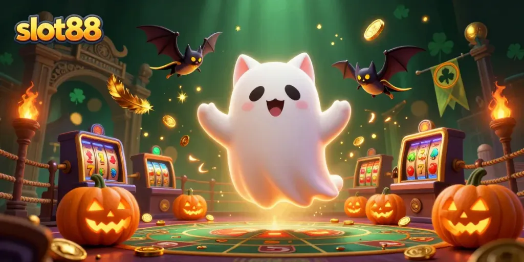Engage with slot88's vibrant casino adventure featuring a ghost cat, bat, and glowing pumpkins.
