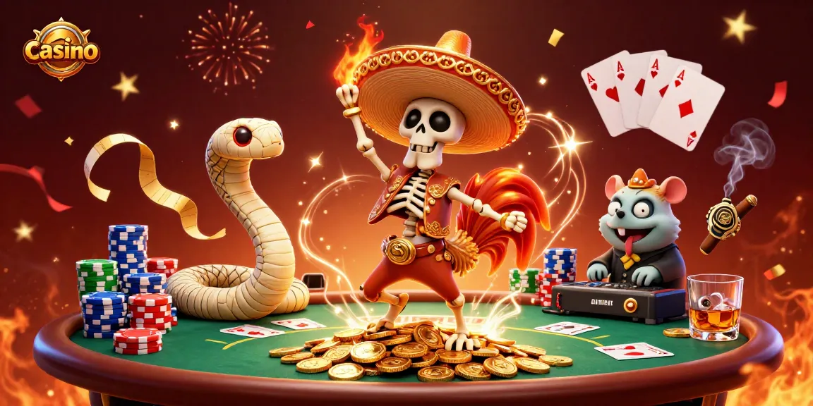 Casino celebration scene featuring a skeleton rooster and friends amidst poker chips and cards.