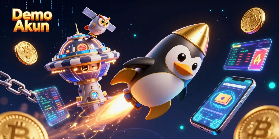 Engage with Demo Akun featuring a golden penguin and cosmic casino elements.