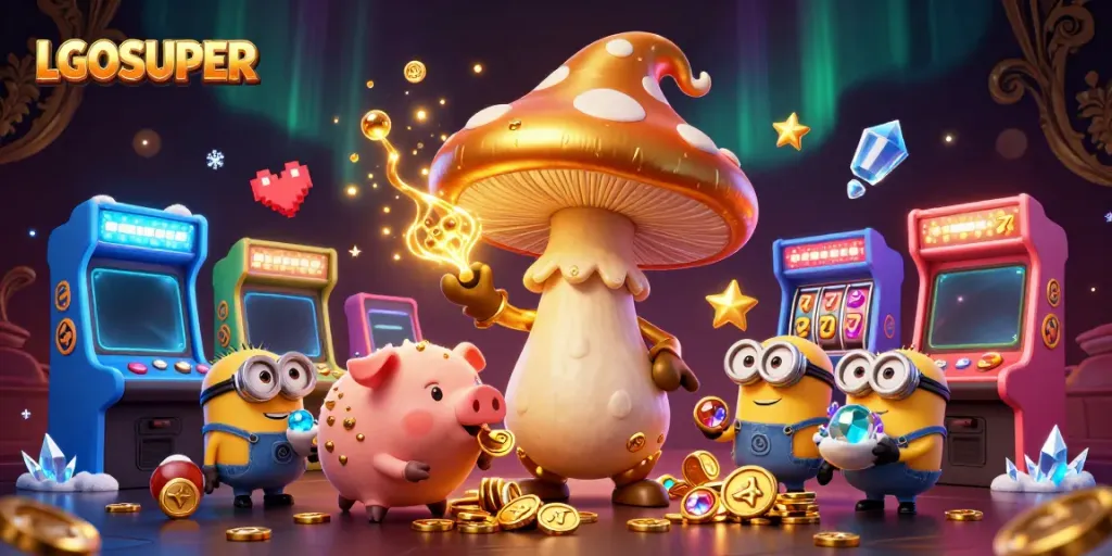 Experience the magic of LGOSUPER with a golden mushroom wizard and treasures in a vibrant gaming scene.