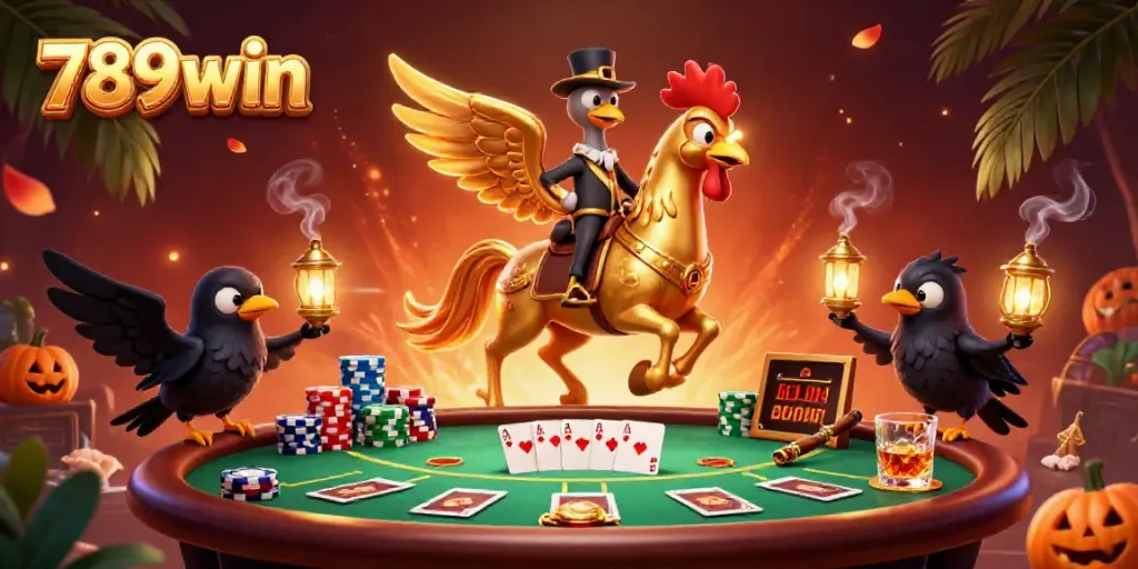 A golden rooster carrying its head under its wing dominates the casino scene at 789win, with vibrant poker elements.